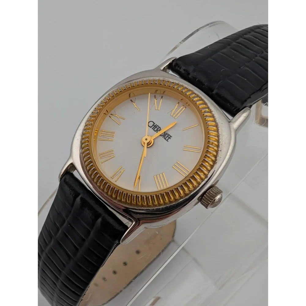Vintage Cherokee Watch Women‎ 23mm Silver Case Black Leather Band- New Battery